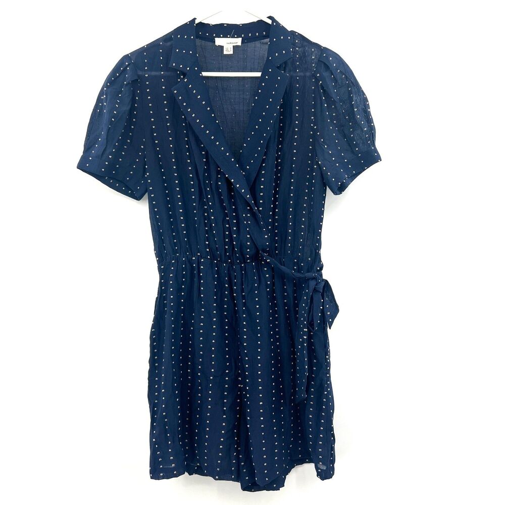 The Korner Navy Polka Dot Wrap Jumpsuit Womens S Puff Sleeve Collared